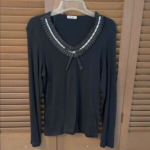 ^ EUC  Long-Sleeve Knit Top with Embellished Neckline L